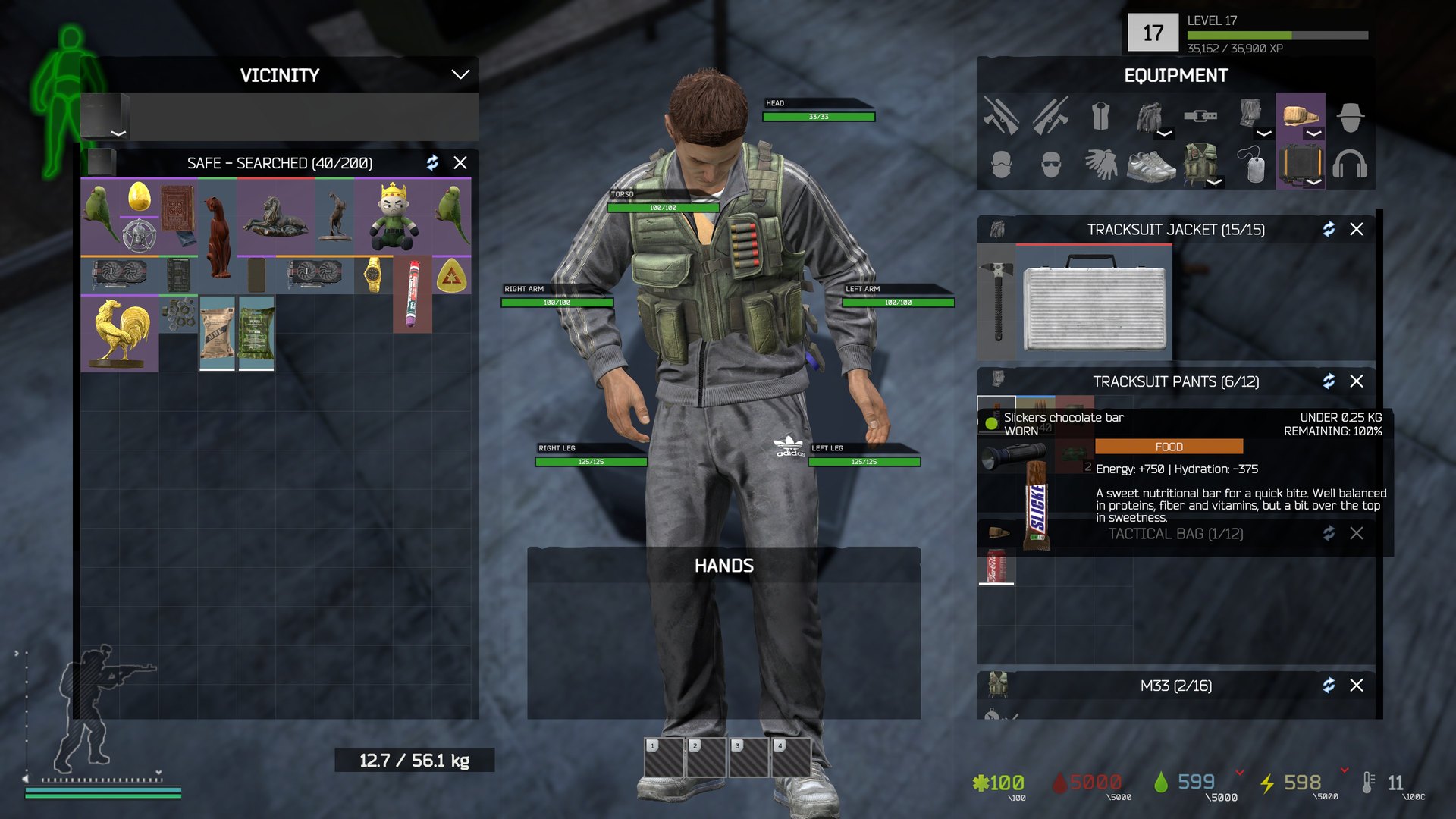 A crate mid-search: hatched cells, the SEARCHING counter and timer, items appearing