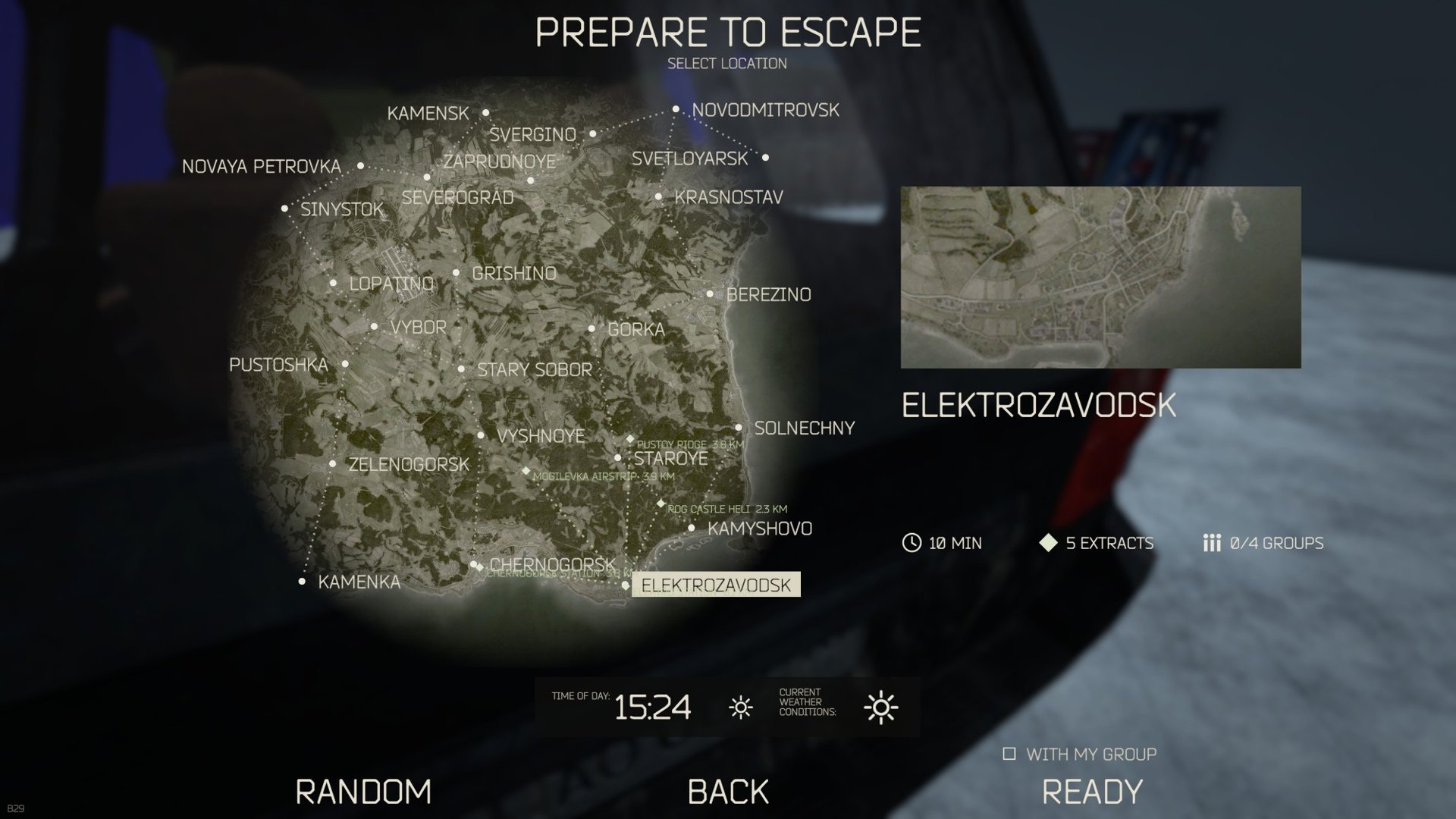 The deploy screen: the dark satellite map with named areas, the side panel with extracts in reach, READY
