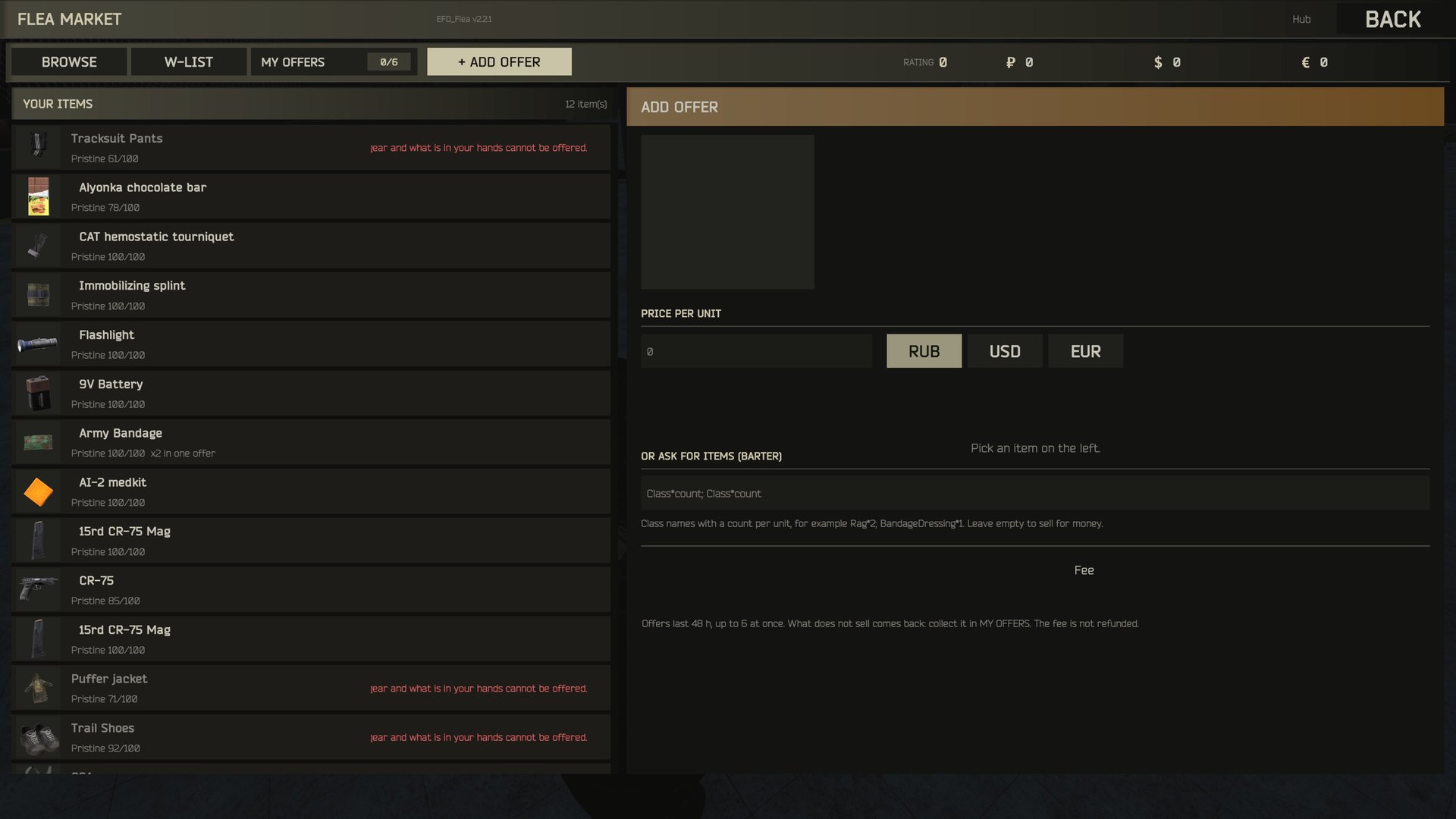 The flea market BROWSE tab with the category tree, filter chips and a page of offers