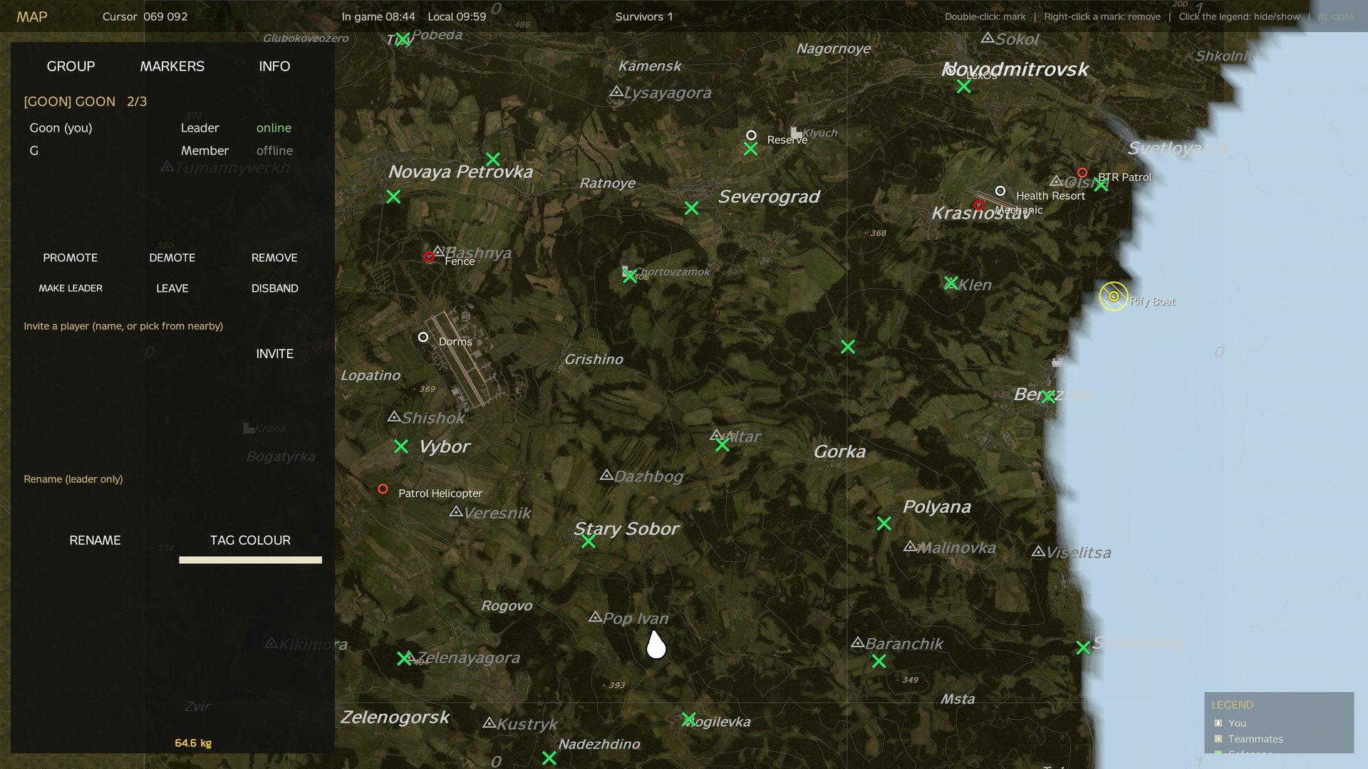 The map: your white facing arrow, squad markers, the legend at the bottom right and the side panel on the left