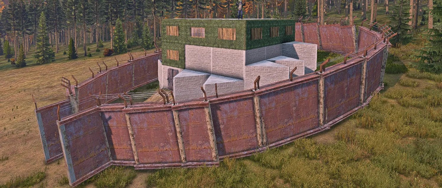 A wide, dramatic in-game shot: a squad at the edge of the safezone at dusk, or the trader hub with players