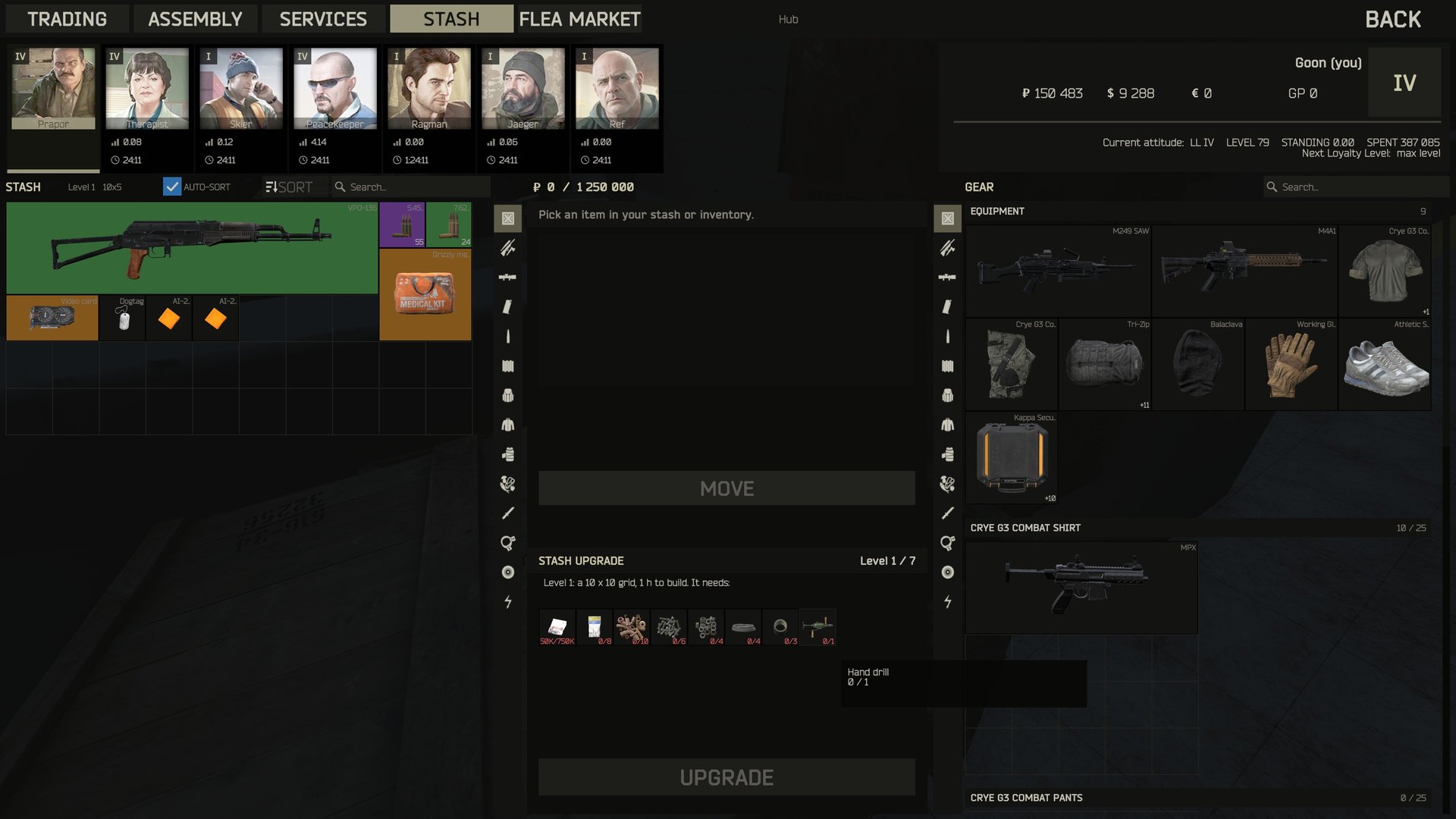 The STASH screen: the full grid, a sorted stash, the upgrade panel with its timer