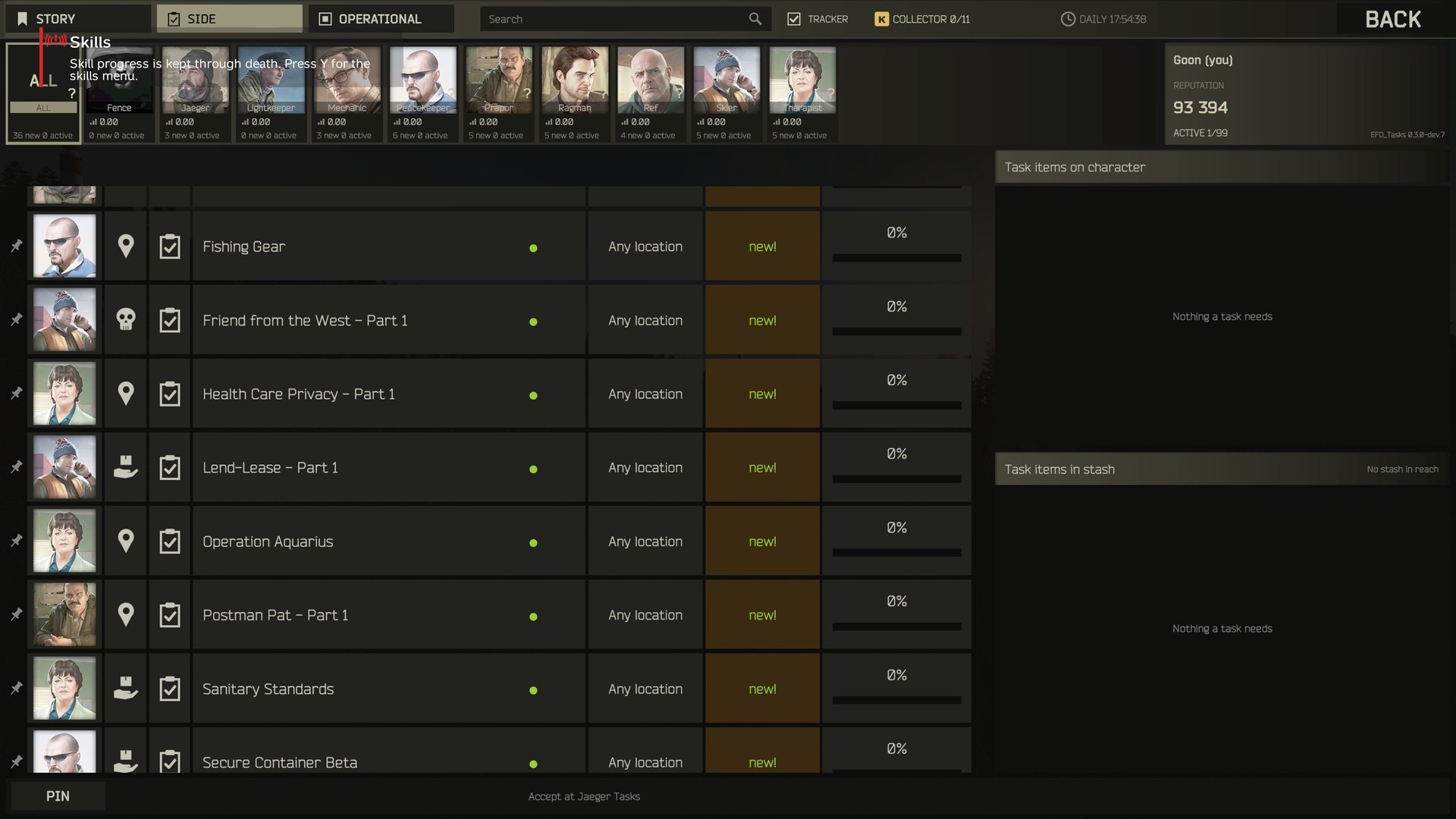 The TASKS screen on O: the task table, a task's briefing and objective bars, and the HUD tracker