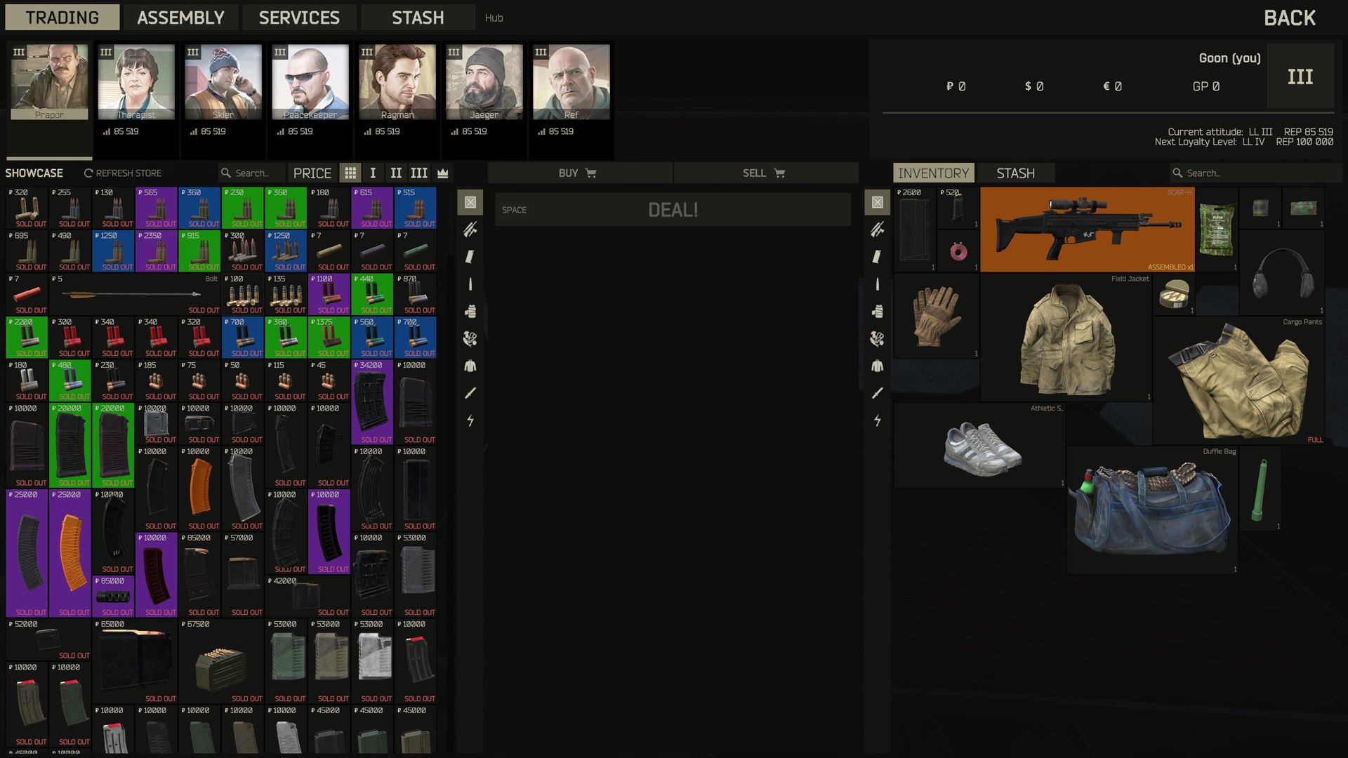 The trade screen at the hub: trader portrait cards, goods at their real inventory size, your gear on the right, the DEAL bar